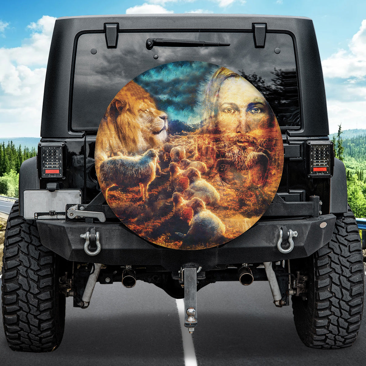 Petthouse | Jesus The Good Shepherd Tire Cover, Jesus And Lambs And Lion, God Power Lion Tire Cover