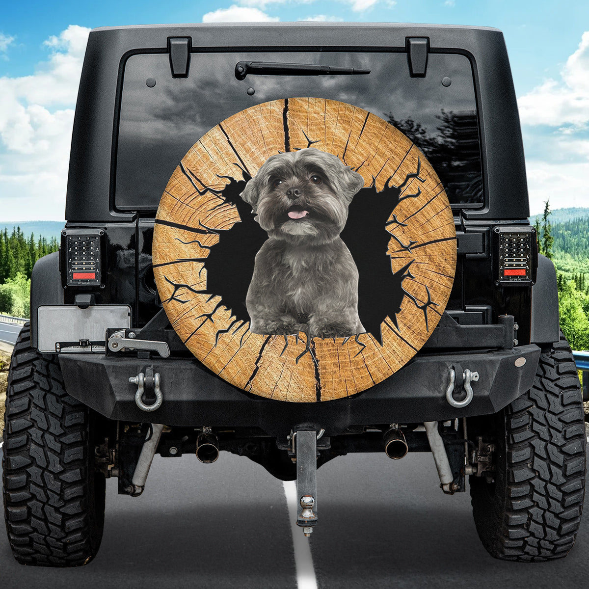 Petthouse | Black Shih Tzu Puppies Crack Hole Wooden Printed Spare Wheels Tire Cover Puppies Shih Tzu