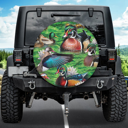 Petthouse | Flying Duck Art Print Spare Tire Cover Duck Floating Lotus Lake Durable Tire Protector For Hunters