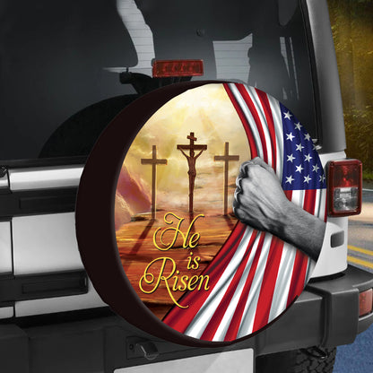 Petthouse | He Is Risen Spare Tire Cover Jesus On Cross American Flag Wheel Cover Waterproof Christian Gift