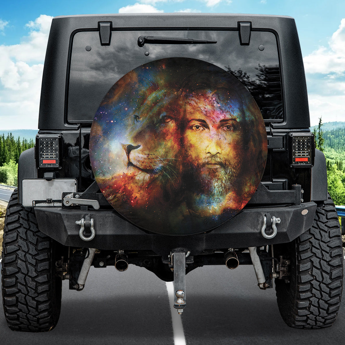 Petthouse | Painting Jesus With Lion In Space Tire Cover, Eye Contact Lion Portrait Wrap, Jesus Gift