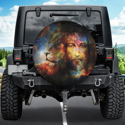 Petthouse | Painting Jesus With Lion In Space Tire Cover, Eye Contact Lion Portrait Wrap, Jesus Gift