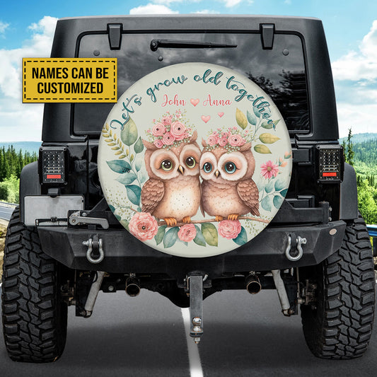 Petthouse | Let Grow Old Together Tire Cover Custom Name Spare Tire Cover Owl Couple Tire Wrap Car Accessories