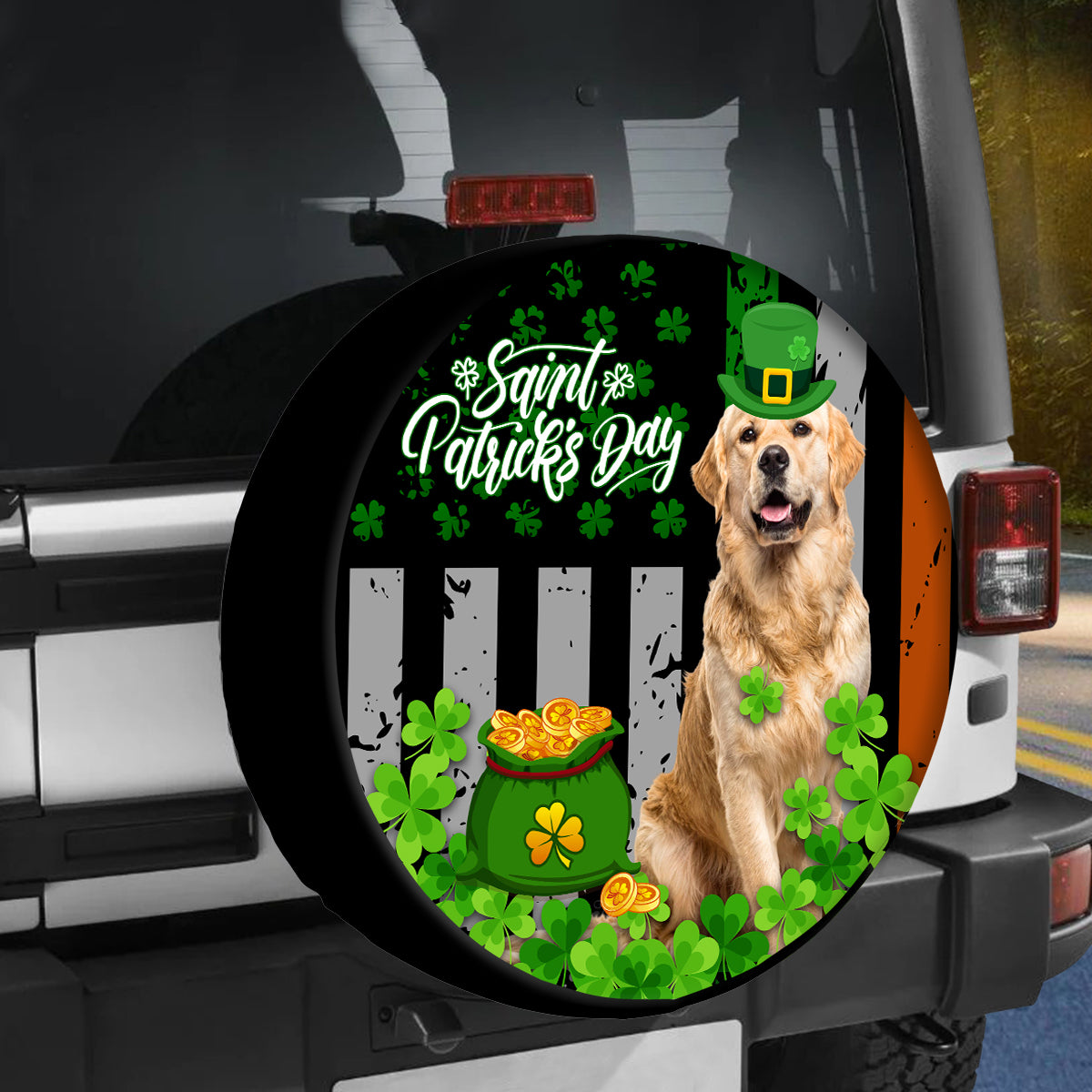 Petthouse | Golden Retriever Spare Tire Cover Happy St Patrick's Day Tire Cover Dog Lover Car Decorations