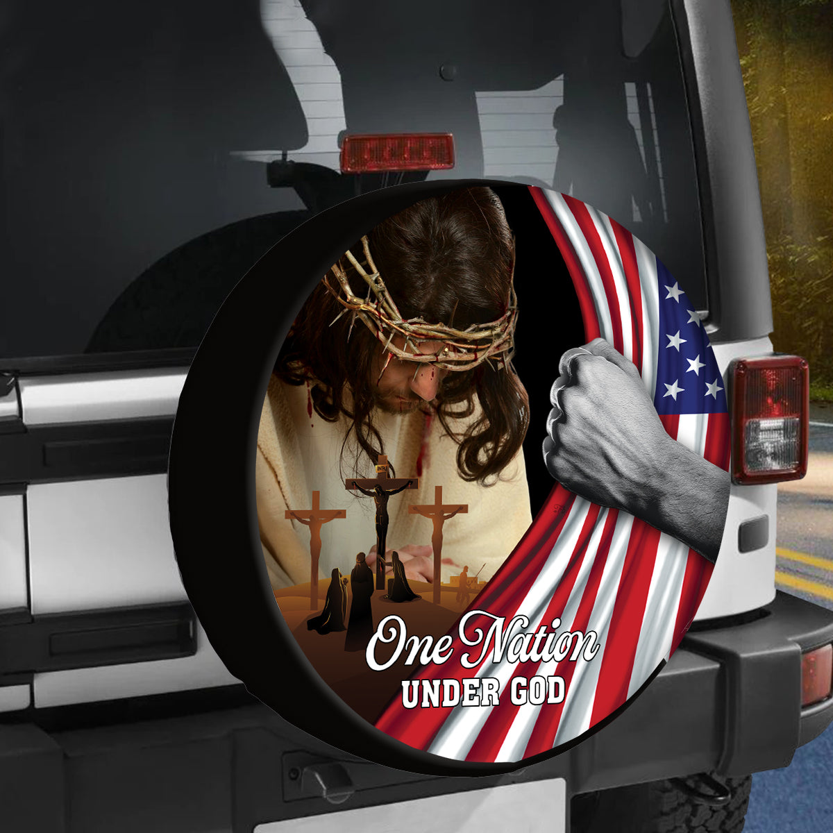 Petthouse | One Nation Under God Spare Tire Cover Jesus Bow Head Jesus On Cross American Patriotic Gift