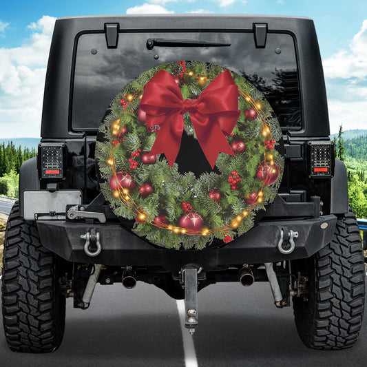 Petthouse | Christmas Wreath Onament Spare Tire Cover, Xmas Ribbon Wheel Cover, Christmas Car Decor