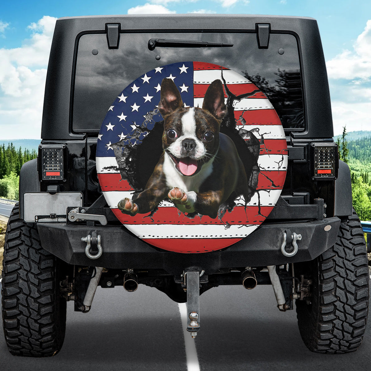 Petthouse | Boston Terrier Spare Tire Cover American Flag Spare Wheel Cover Crack Hole Print Fun Car Accessory