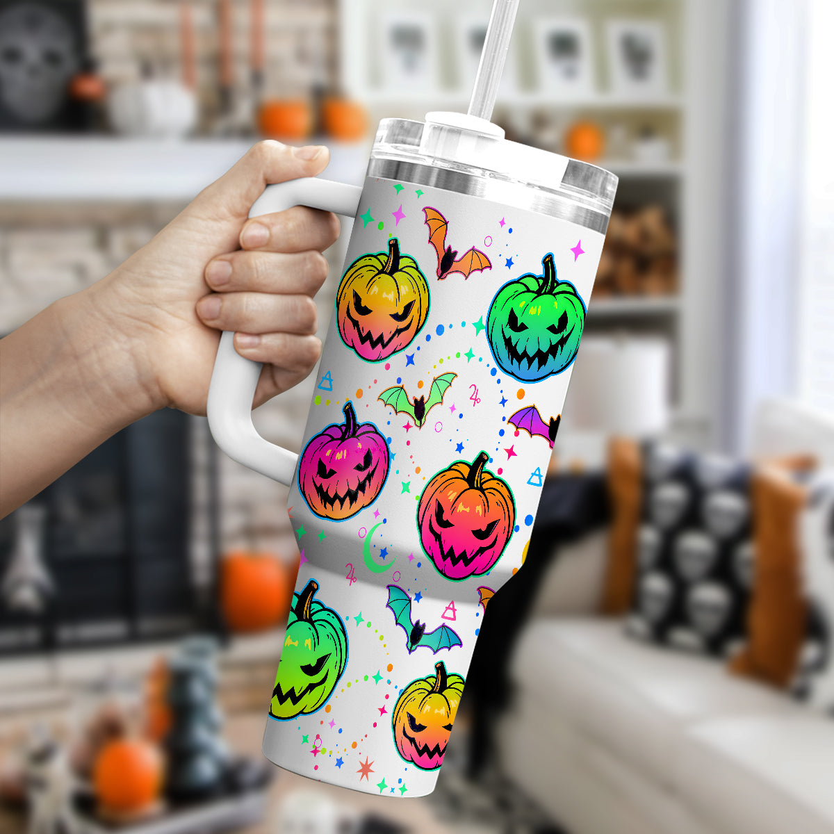 Petthouse | Halloween Bat And Pumpkin 40oz Tumbler, Halloween Spooky Tumbler Wrap, Mystic Halloween