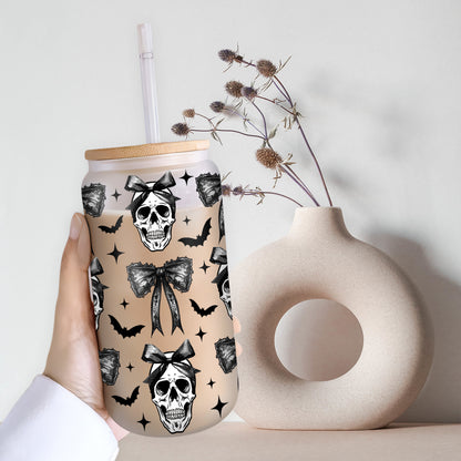 Petthouse | Halloween Skull Black Bow Glass Can, Retro Halloween Glass Can, Halloween Spooky Season Glass