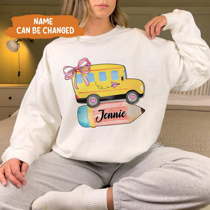 Petthouse | Personalized School Bus With Name Bow Shirt, Coquette Back To School Shirt, School Girl