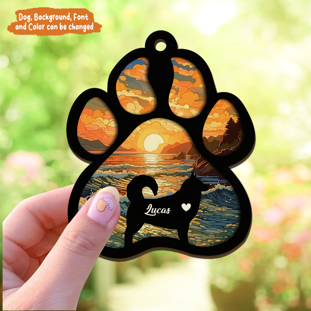 Petthouse | Personalized Dog Paw Memorial Suncatcher Ornament, Custom Sunset Background Pet Sympathy Gift