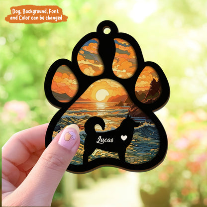 Petthouse | Personalized Dog Paw Memorial Suncatcher Ornament, Custom Sunset Background Pet Sympathy Gift