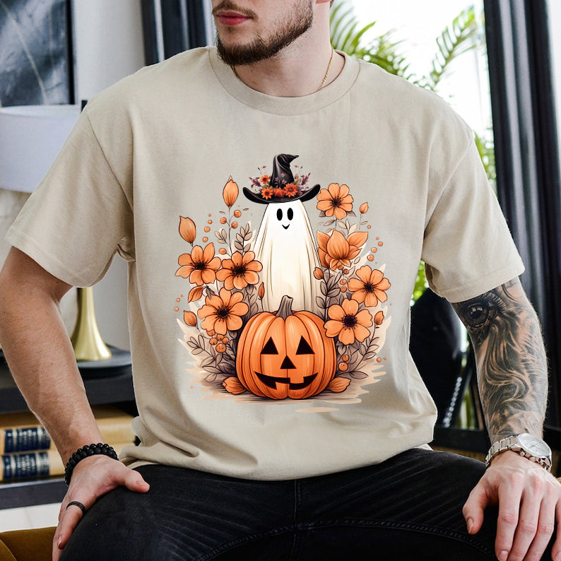 Petthouse | Cute Ghost Pumpkin T-shirt, Fall Autumn Halloween, Floral Ghost Pumpkin, Halloween Shirt