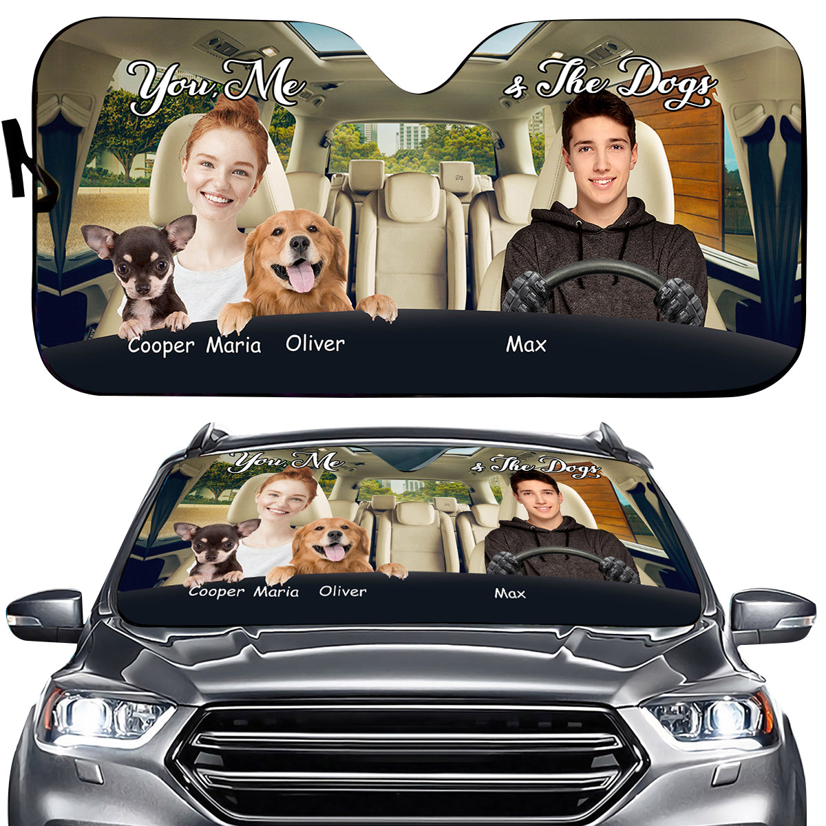 Petthouse | Dog Mom Dog Dad Customized Windshield Sun Shade With Pet's Photo You Me And The Dog