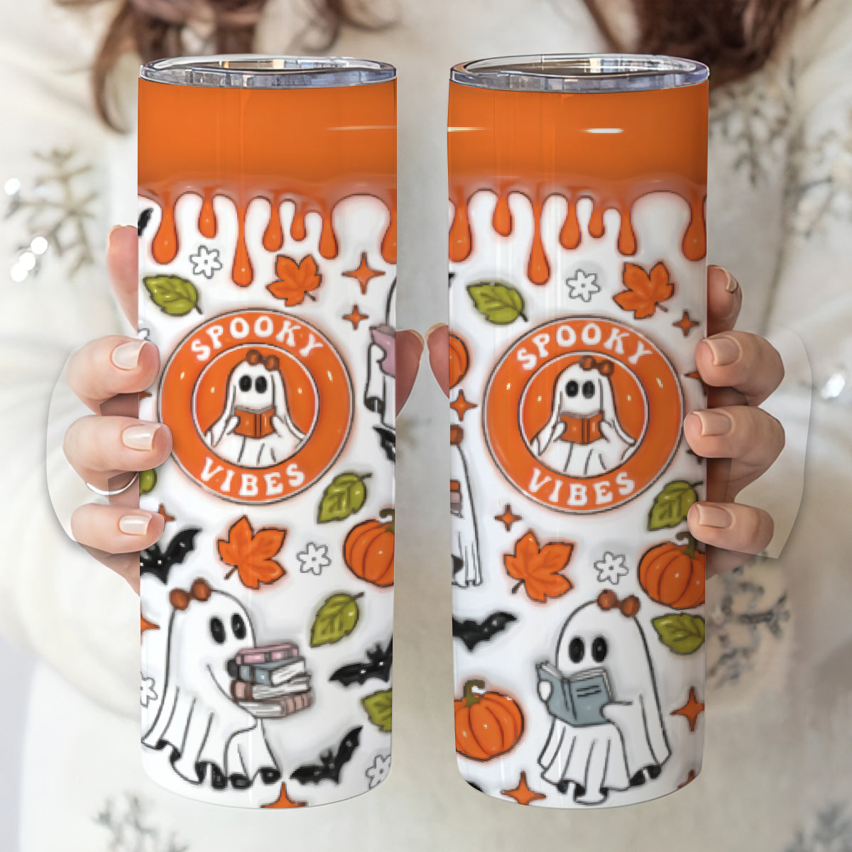 Petthouse | Ghost Reading Book Inflated 3d Skinny Tumbler, Ghost Books Halloween Tumbler, Ghost Book