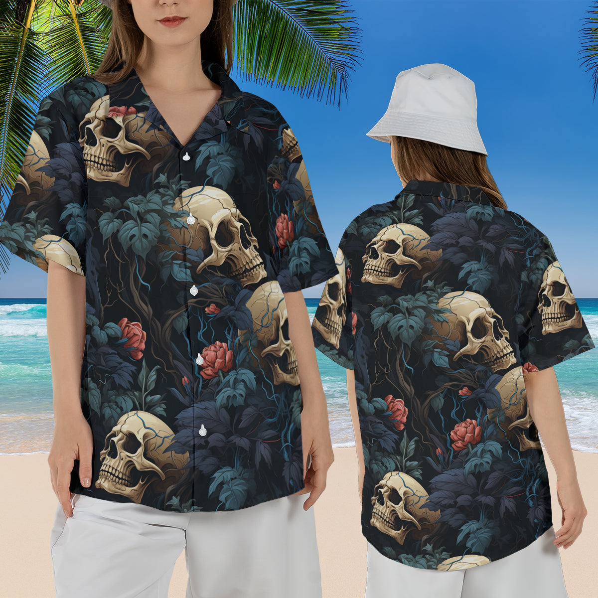 Petthouse | Skull Floral Hawaiian Shirt, Skull Summer, Skull Skeleton Tropical Floral For Beach Gift