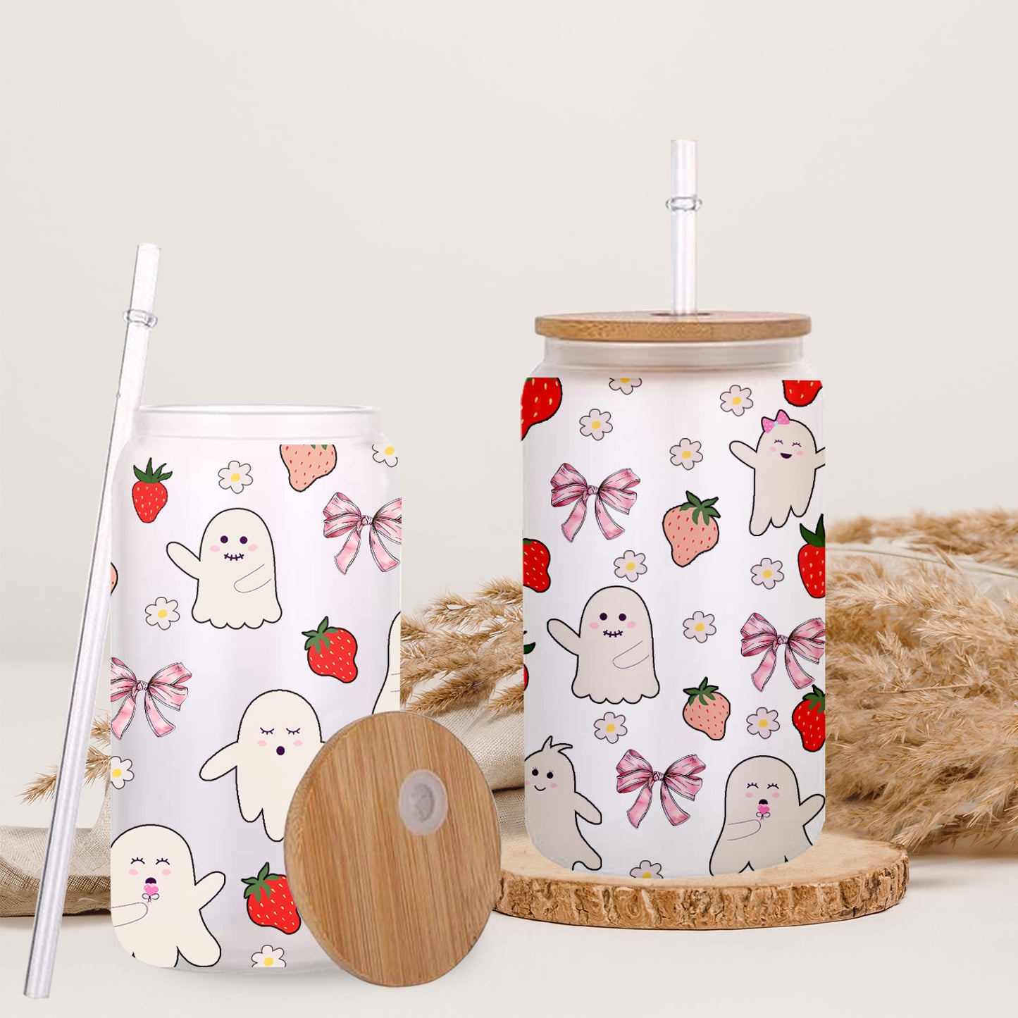 Petthouse | Strawberry Ghosts And Coquette Bows Glass Can, Cute Halloween Glass Can, Strawberry Ghost Cup