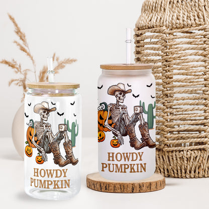 Petthouse | Cowboy Skeleton Drink Coffee Glass Can, Spooky Season, Howdy Pumpkin Glass, Skeleton Libby