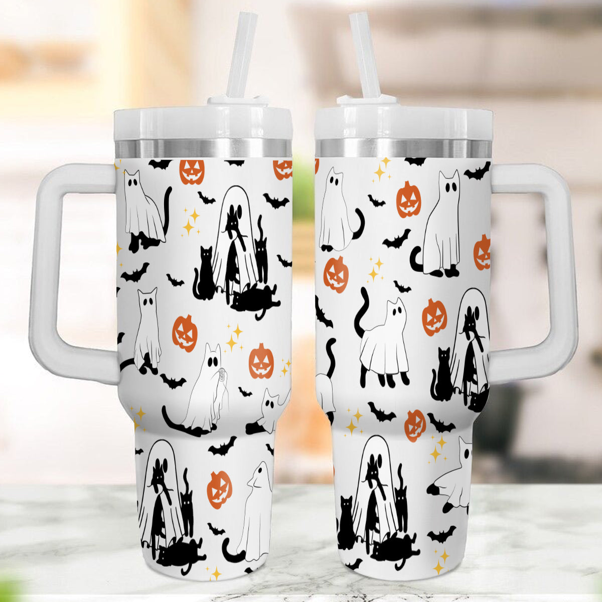 Petthouse | Сute Ghost Cat Halloween Tumbler 40oz, Ghost Cat, Spooky Black Cat Stainless Steel Cup