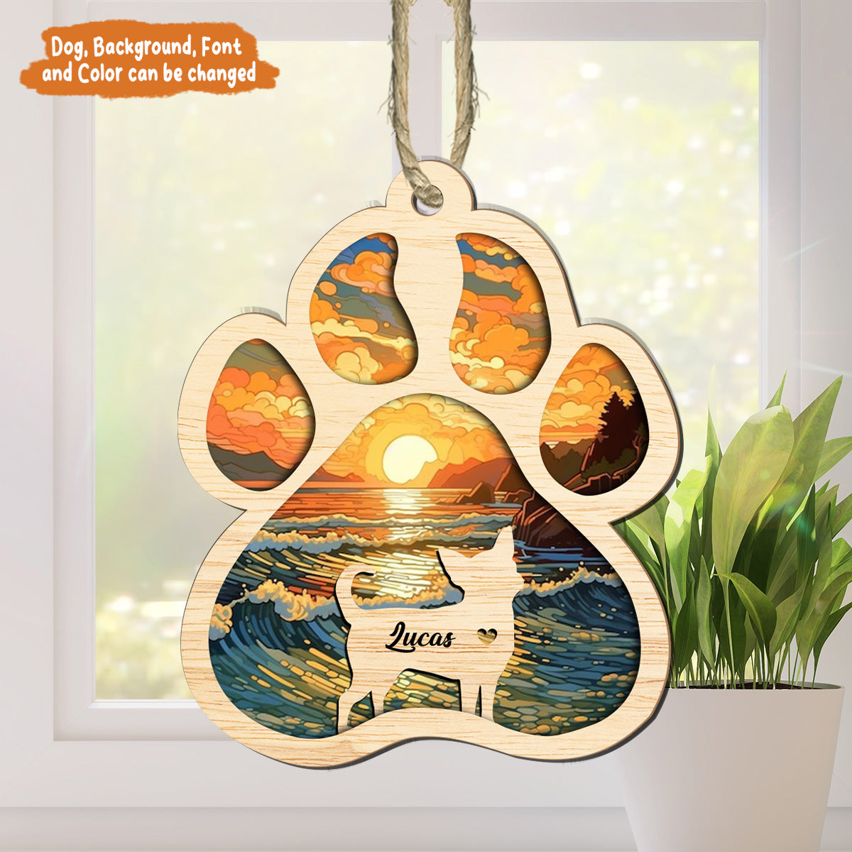 Petthouse | Personalized Dog Paw Memorial Suncatcher Ornament, Custom Sunset Background Pet Sympathy Gift