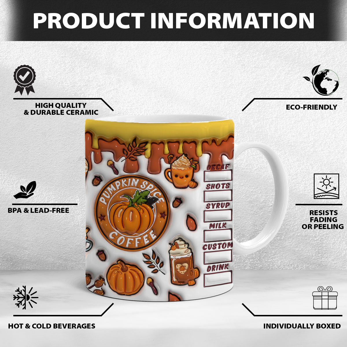 Petthouse | Pumpkin Spice Coffee 3d Inflated Mug, Coffee Fall Autumn Season Gift Aesthetic Teacup Fall