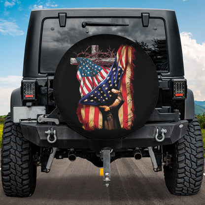 Petthouse | Cross Thorn Crown American Flag Spare Tire Cover American Patriot Wheel Cover Christian Religion Gift