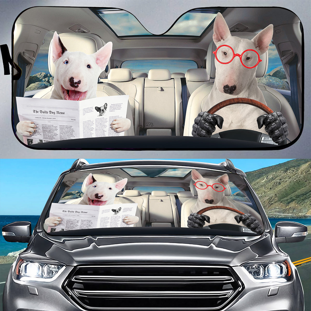 Petthouse | Bull Terrier Reading Newspaper Car Sun Shade Windshield Funny Dog Sunshade Sun Visor For Car