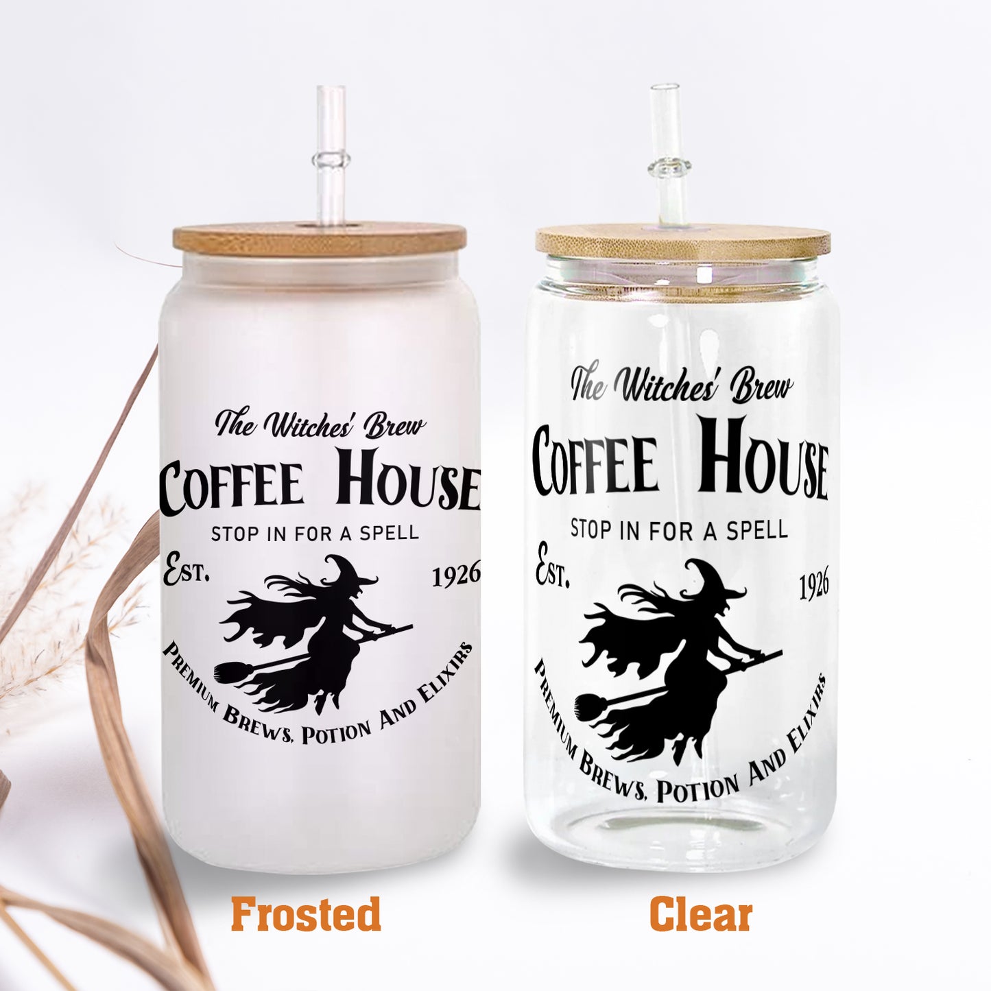 Petthouse | Witches Brew Coffee House Glass Can, Halloween Witchy Cup, Coffee House Witch Spooky Vibes