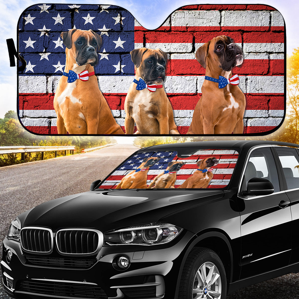 Petthouse | Dog Sunshade Boxer American Flag Car Sun Shade Windshield American Patriot Windshield Sun Shade