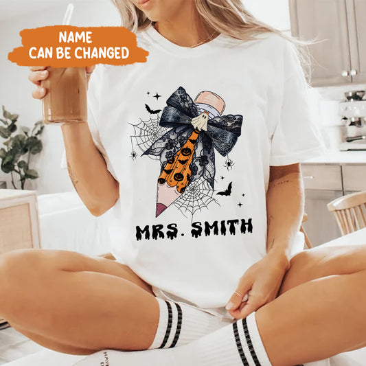 Petthouse | Personalized Teacher Halloween Pencil Short, Halloween Coquette Bow Shirt Back To School