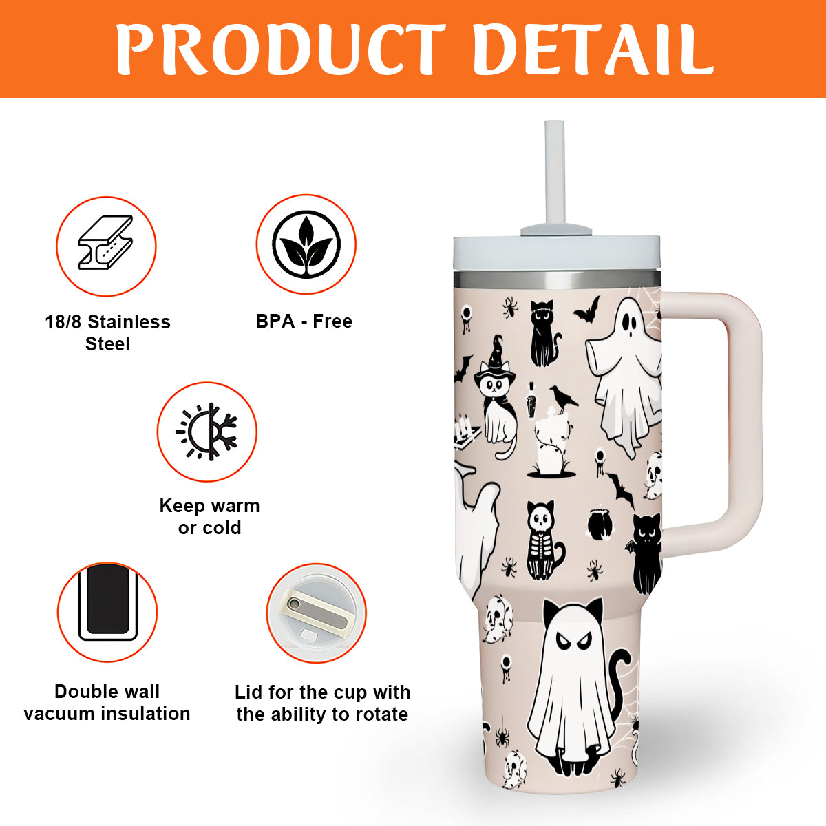 Petthouse | Halloween Ghost Doodles  40oz Tumbler, Spooky Black Stainless Steel Cup, Ghost Cute Spooky Season