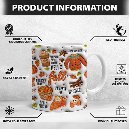 Petthouse | Hello Fall, Fall 3d Inflated Effect Mug, Pumpkin Spice Latter Mug, Thanksgiving Gifts Fall