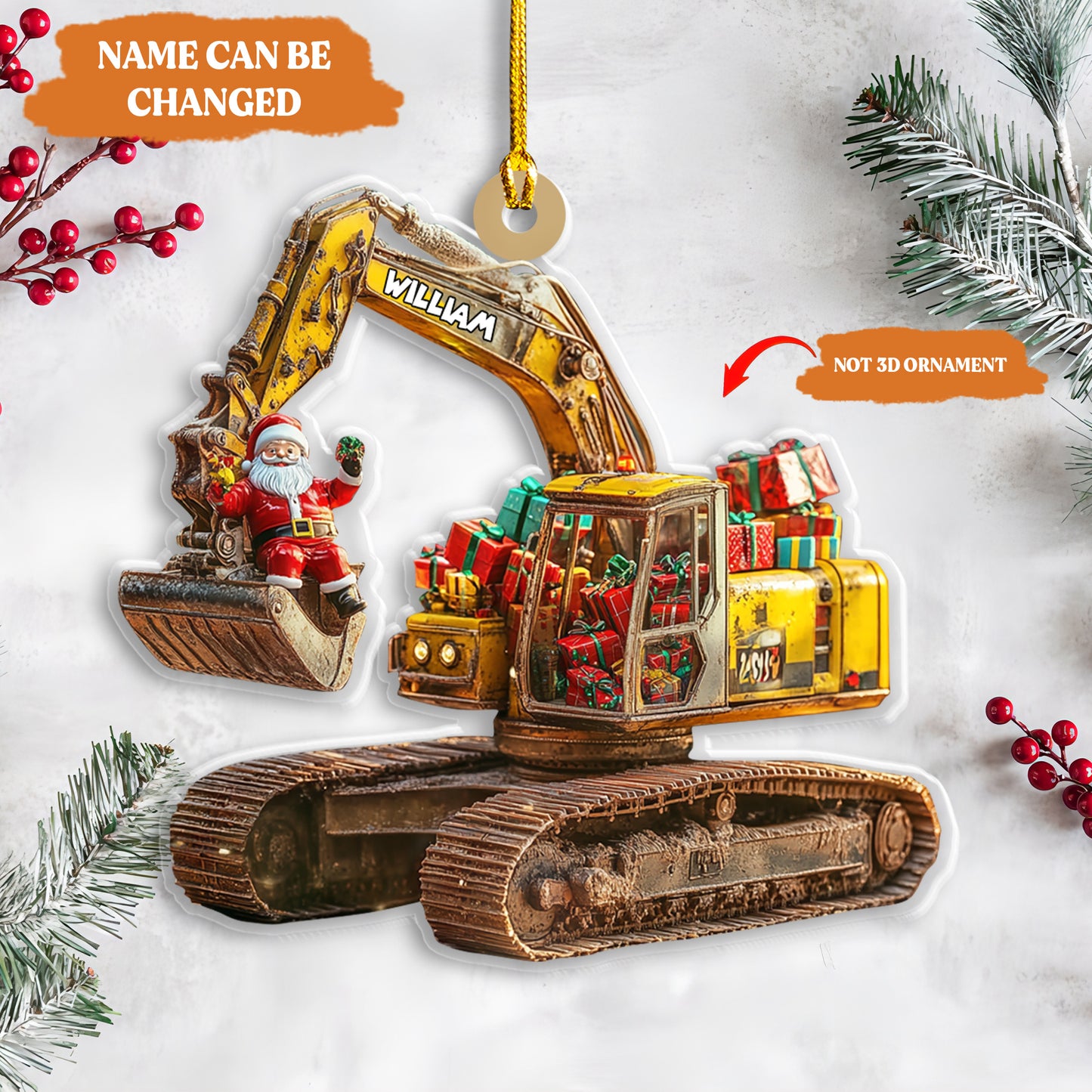 Petthouse | Personalized Excavator 2d Flat Printed Acrylic Ornament, Santa On The Excavator Keepsake