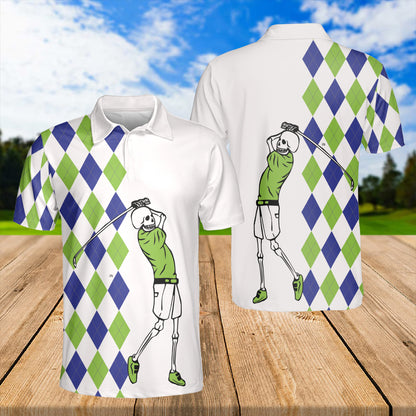 Petthouse | Golfer Skeleton Halloween Green And Blue Argyle Pattern Polo Shirt Golf Player Athletes Sport Shirt Dad