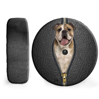 Petthouse | English Bulldog Tire Protector Black Leather Zipper Print Spare Tire Cover English Bulldog Mom Dad