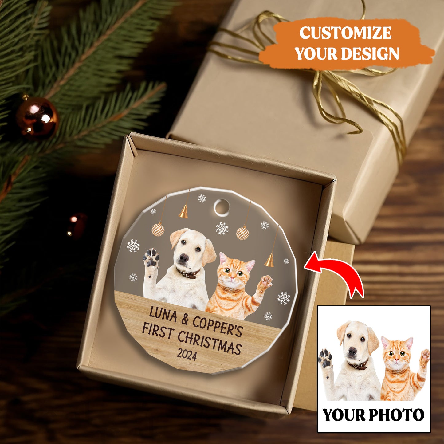 Petthouse | Personalize Dog And Cat Photo Ornament, Pet First Christmas, Celebrate Christmas Holiday