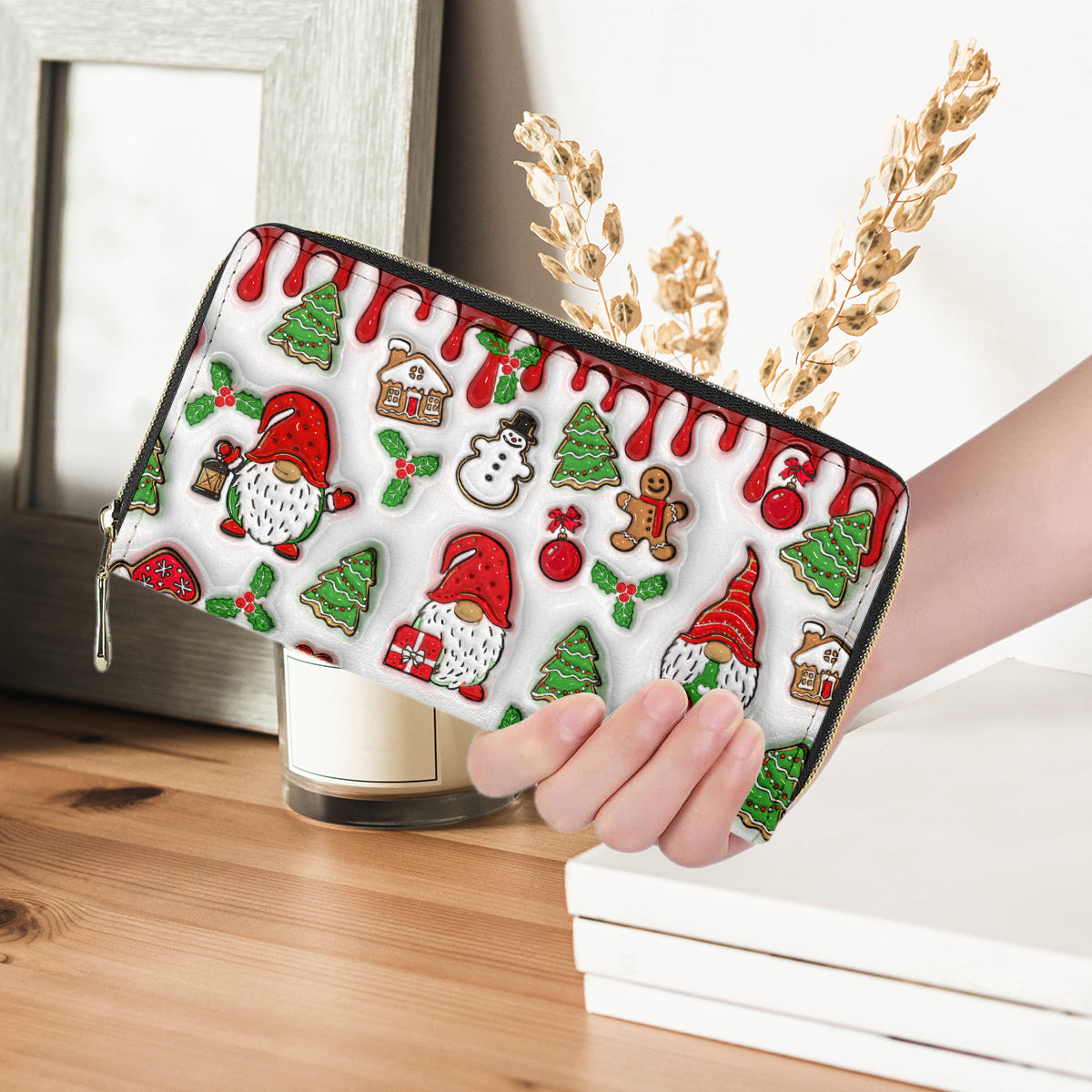 Petthouse | Christmas Gnome Leather Handbag & Wallet, Christmas Gnome Pattern 3d Print, Christmas Gift For Her, Christmas Mom Gift