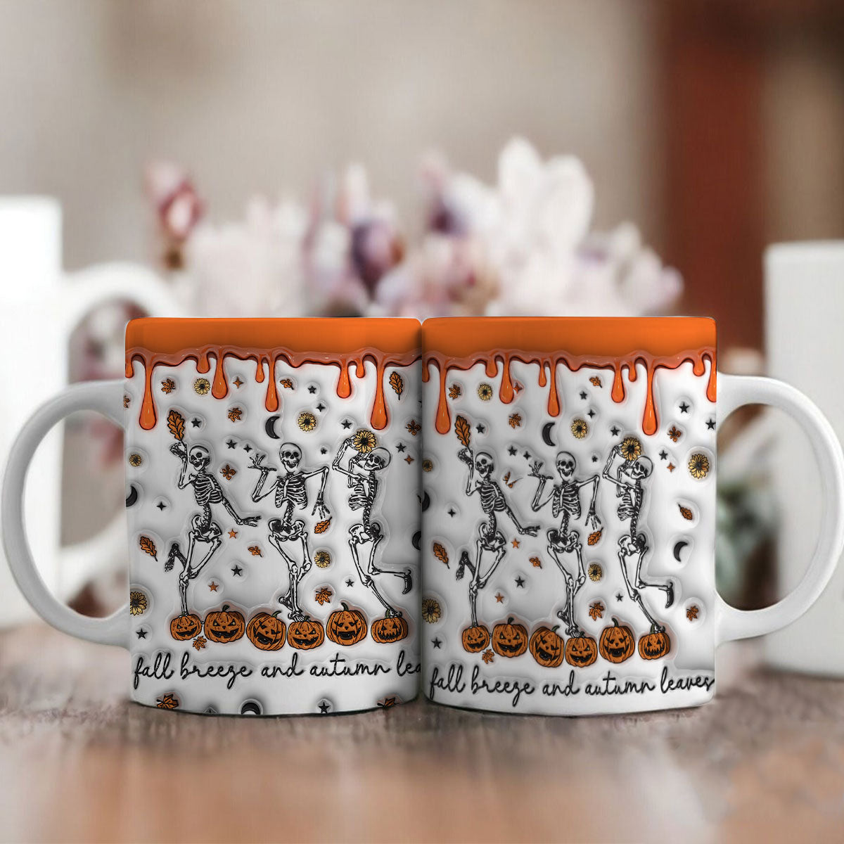 Petthouse | Skeletons Fall Breeze And Autumn Leaves Inflated 3d Effect Mug, Spooky Dancing Skeletons