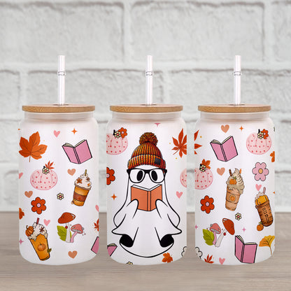 Petthouse | Bookish Ghost Glass Cup, Ghost Reading Pumpkin Fall Vibes Glass Can, Ghost Boo Reader Cup