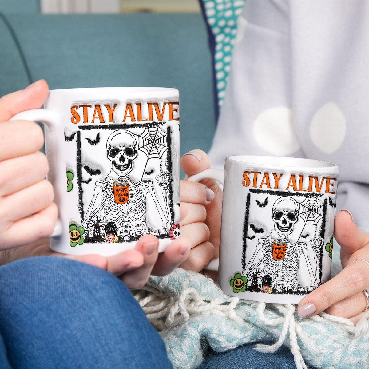 Petthouse | Skeleton Coffee Mug, Stay Alive 3d Inflated Mug, Spooky Vibes Mug, Pumpkin Spice Coffee