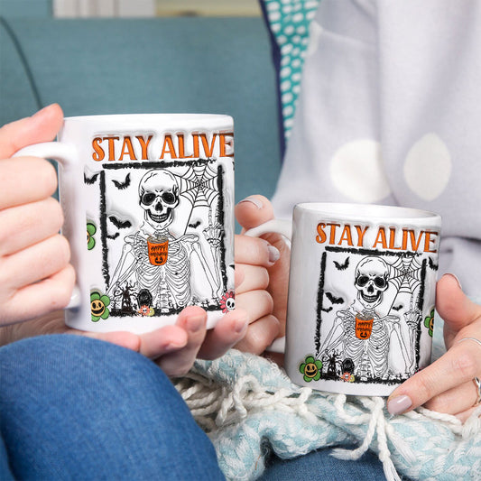 Petthouse | Skeleton Coffee Mug, Stay Alive 3d Inflated Mug, Spooky Vibes Mug, Pumpkin Spice Coffee