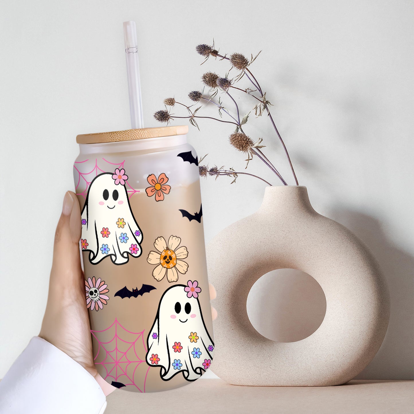 Petthouse | Spooky Ghost Glass Can, Cute Ghost Iced Coffee Glass, Flowers Halloween Glass, Fall Vibes