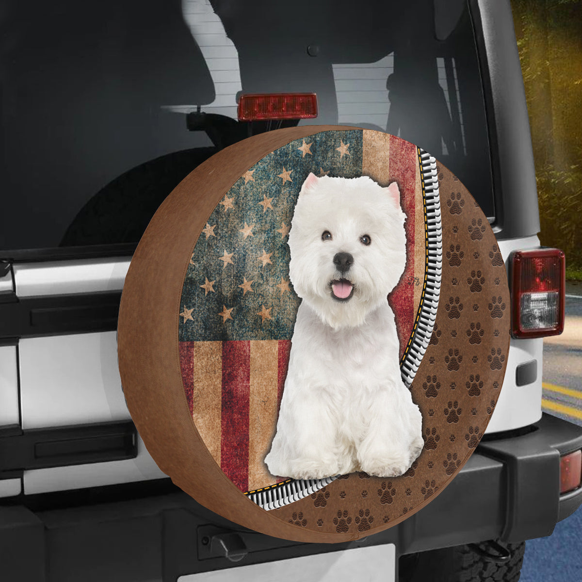 Petthouse | West Highland White Terrier Dog American Flage Vintage Spare Tire Cover Truck Travel Trailer