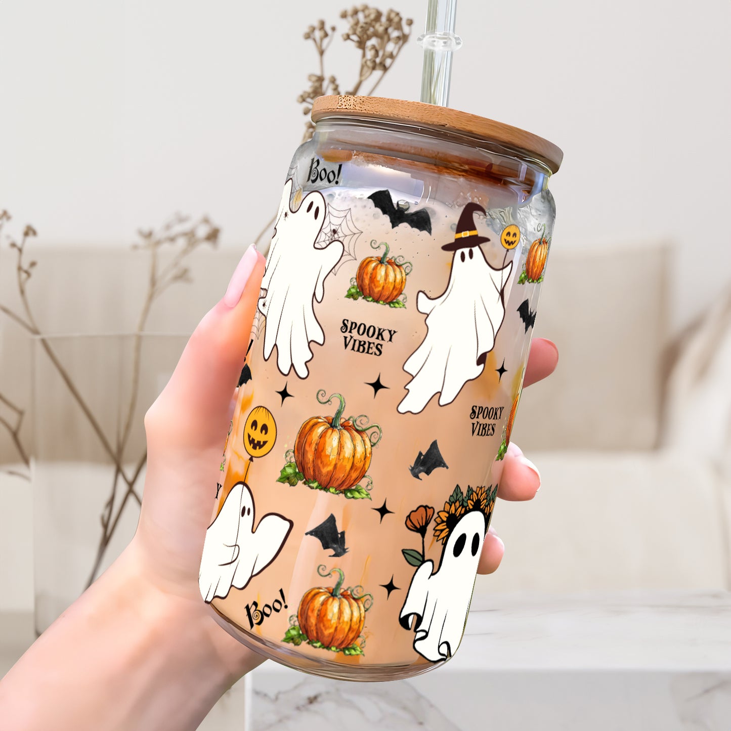 Petthouse | Ghost Spooky Vibes Glass Can, Ghost Boo Spooky Iced, Halloween Spooky Vibes Glass Cup