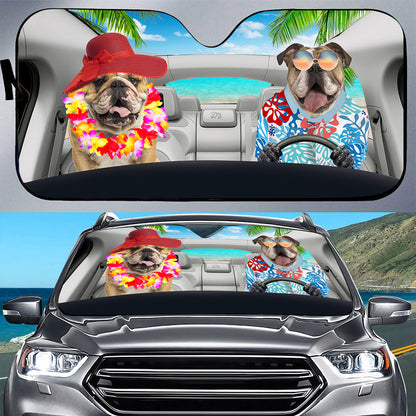 Petthouse | Bulldog Couple Driving Car Windshield Sun Shade Hawaii Summer Car Shade Front Windshield