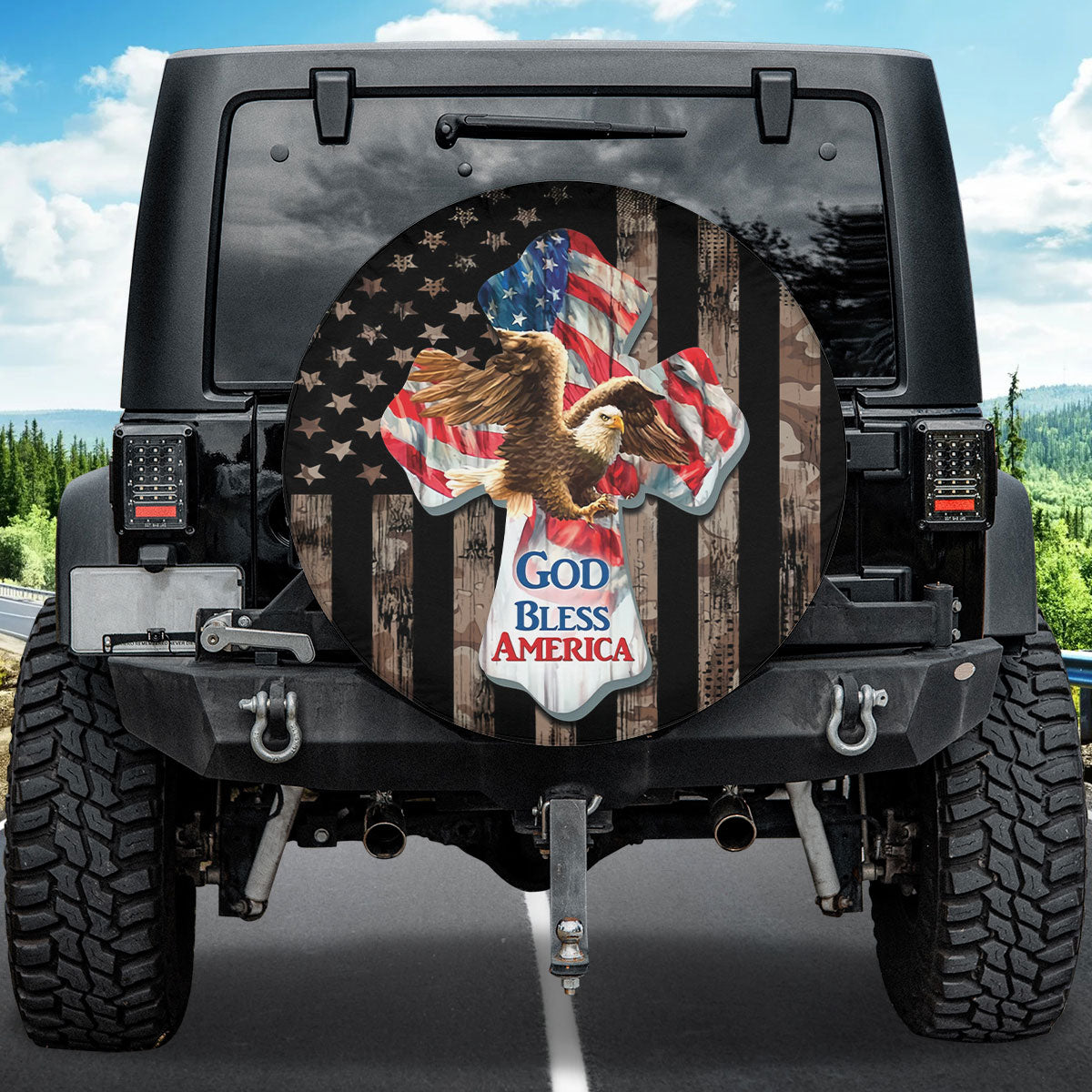 Petthouse | American Jesus Cross And Eagle Spare Tire Cover God Believer Camo Print Canvas Tire