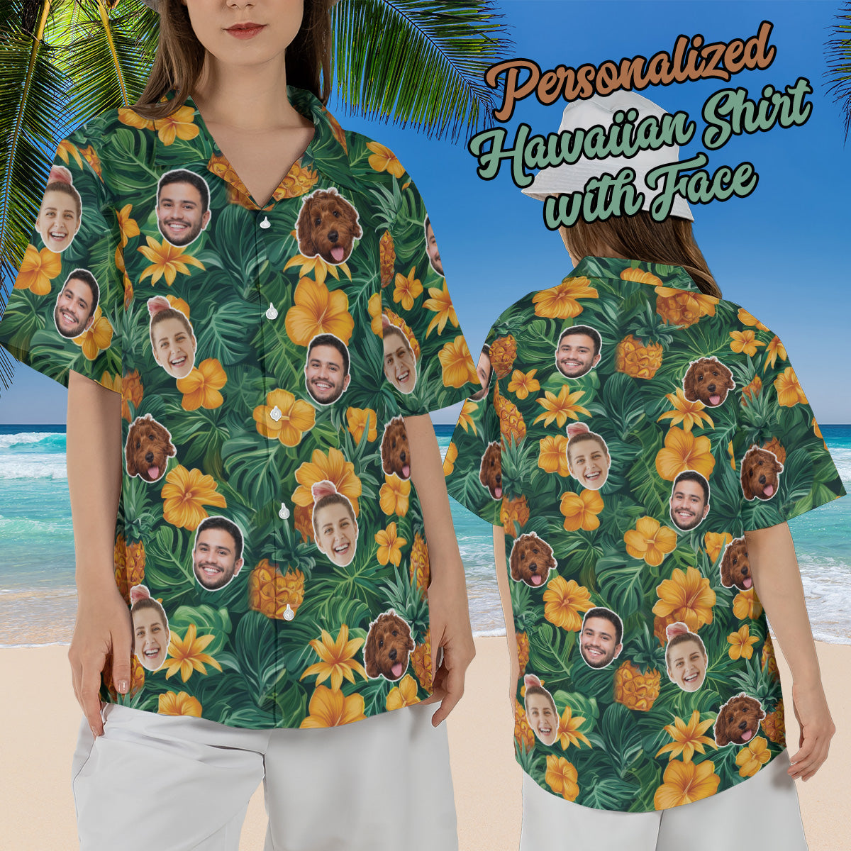 Petthouse | Custom With Face Pineapple Unisex Hawaiian Set, Summer Party Hawaiian Shirt