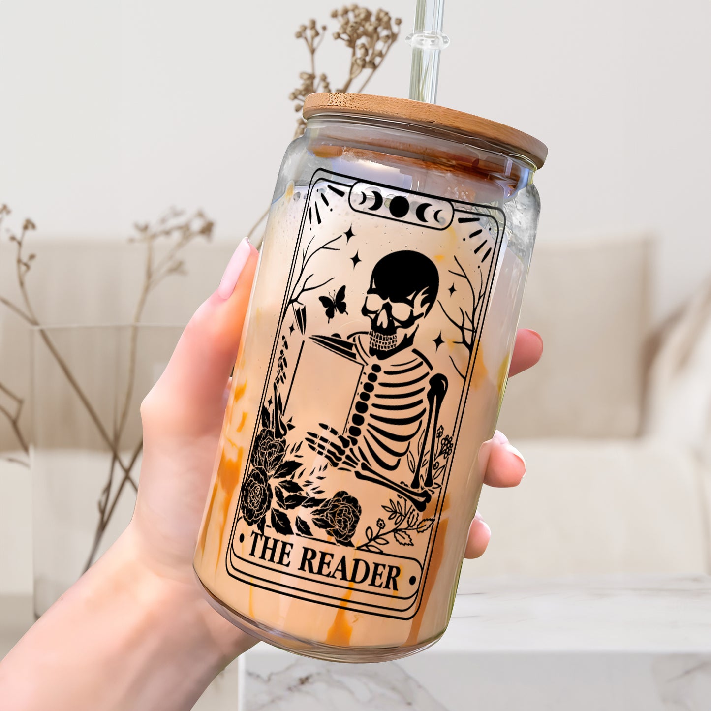 Petthouse | Skeleton Reading Glass Cup, The Reader Tarot Glass Can, Book Lover Gift, Tarot Lover Gift