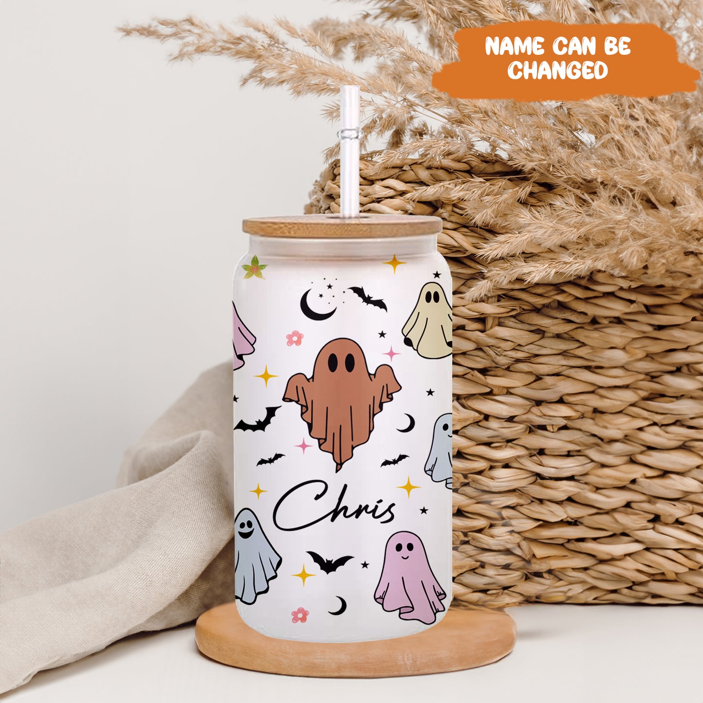 Petthouse | Personalized Halloween Ghost Glass Can, Cute Ghost Glass, Ice Coffee Cup, Spooky Season