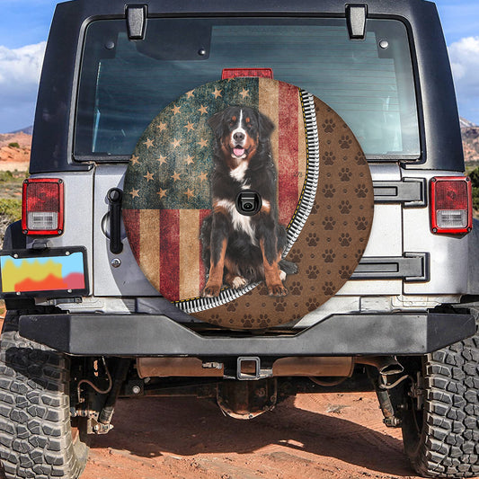 Petthouse | Bernese Mountain Portrait Camper Tire Cover Grunge American Flag Tire Wheel Protector Pet Paw